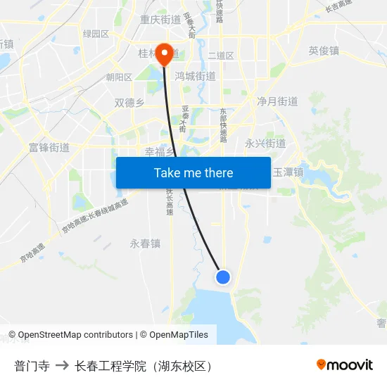 普门寺 to 长春工程学院（湖东校区） map
