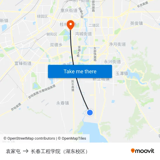 袁家屯 to 长春工程学院（湖东校区） map