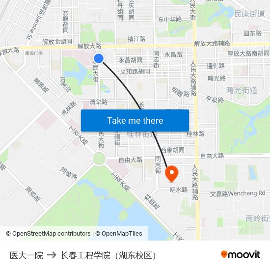 医大一院 to 长春工程学院（湖东校区） map