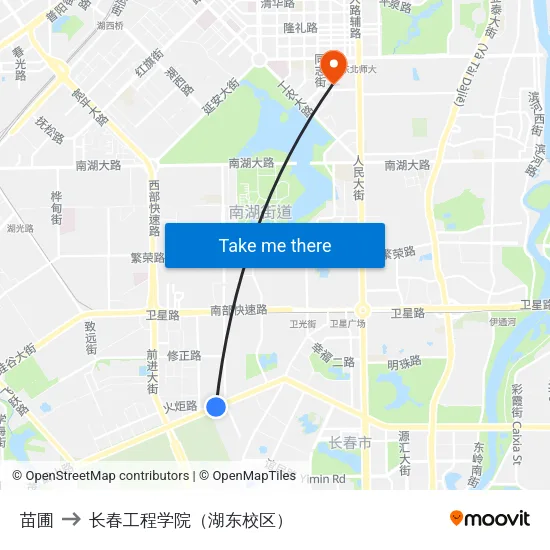 苗圃 to 长春工程学院（湖东校区） map