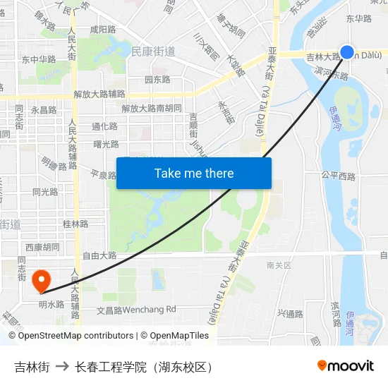 吉林街 to 长春工程学院（湖东校区） map