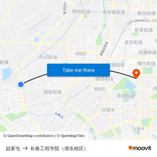 赵家屯 to 长春工程学院（湖东校区） map