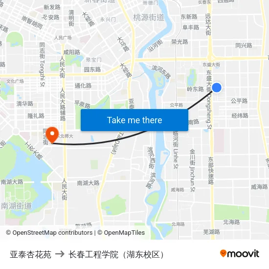 亚泰杏花苑 to 长春工程学院（湖东校区） map
