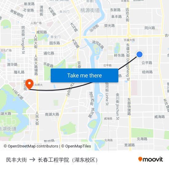 民丰大街 to 长春工程学院（湖东校区） map