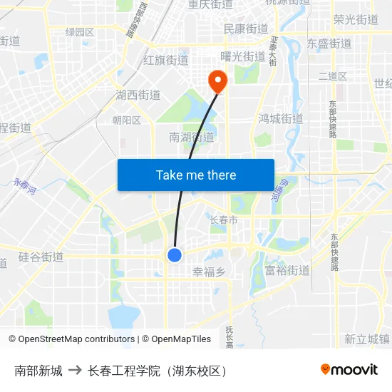南部新城 to 长春工程学院（湖东校区） map