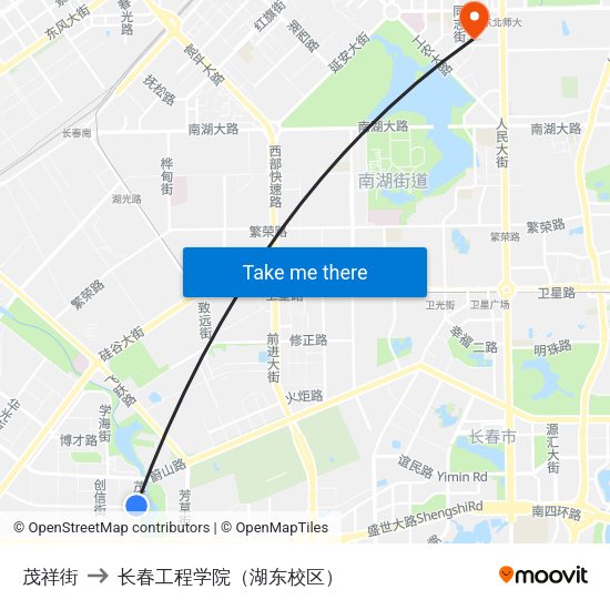 茂祥街 to 长春工程学院（湖东校区） map