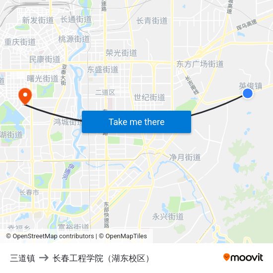 三道镇 to 长春工程学院（湖东校区） map