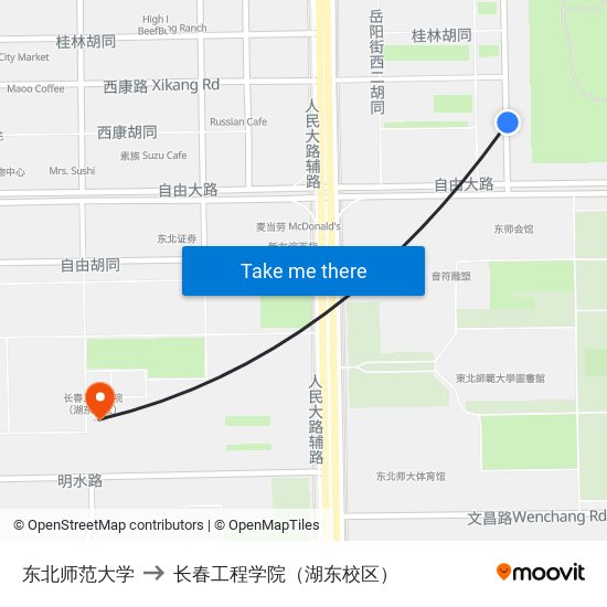 东北师范大学 to 长春工程学院（湖东校区） map
