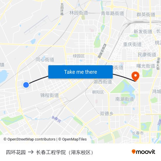 四环花园 to 长春工程学院（湖东校区） map
