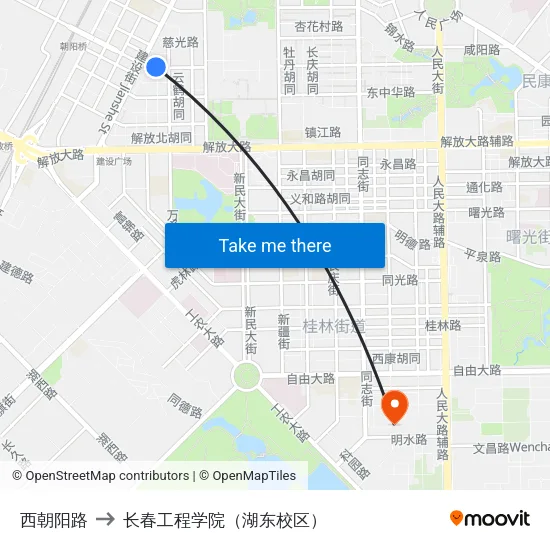 西朝阳路 to 长春工程学院（湖东校区） map