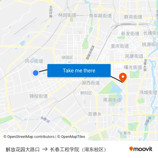 解放花园大路口 to 长春工程学院（湖东校区） map