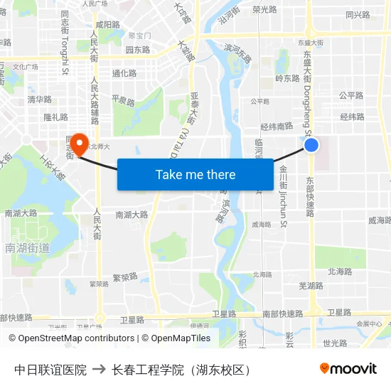 中日联谊医院 to 长春工程学院（湖东校区） map