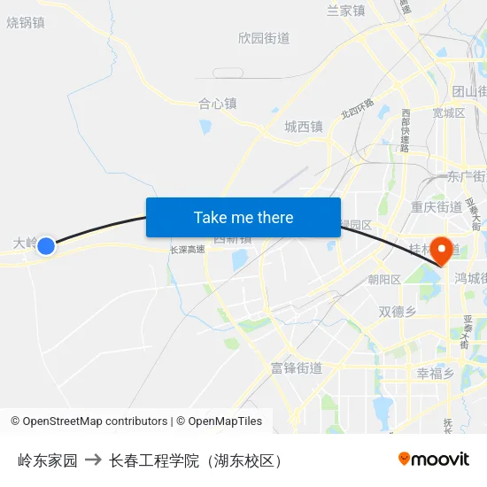 岭东家园 to 长春工程学院（湖东校区） map