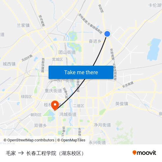 毛家 to 长春工程学院（湖东校区） map