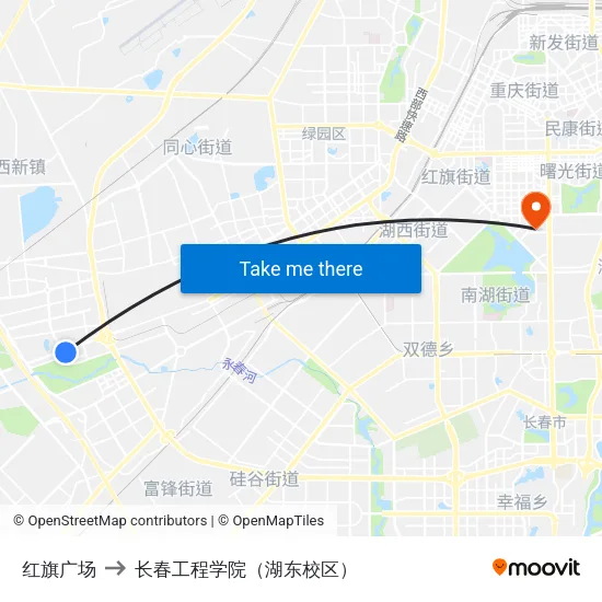 红旗广场 to 长春工程学院（湖东校区） map