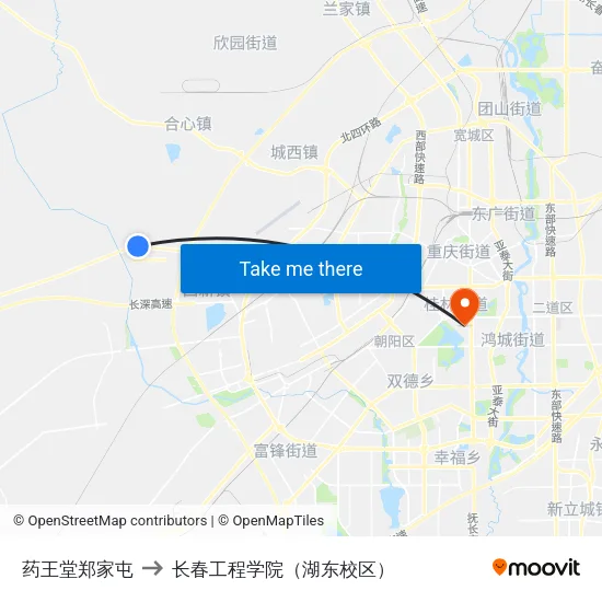 药王堂郑家屯 to 长春工程学院（湖东校区） map