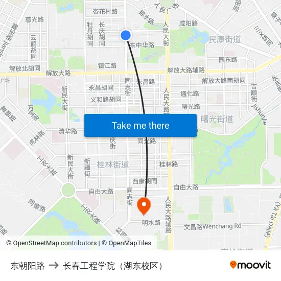 东朝阳路 to 长春工程学院（湖东校区） map