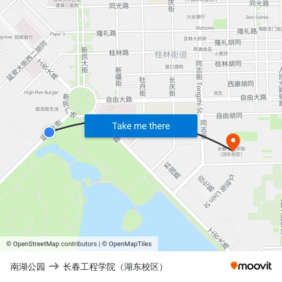 南湖公园 to 长春工程学院（湖东校区） map