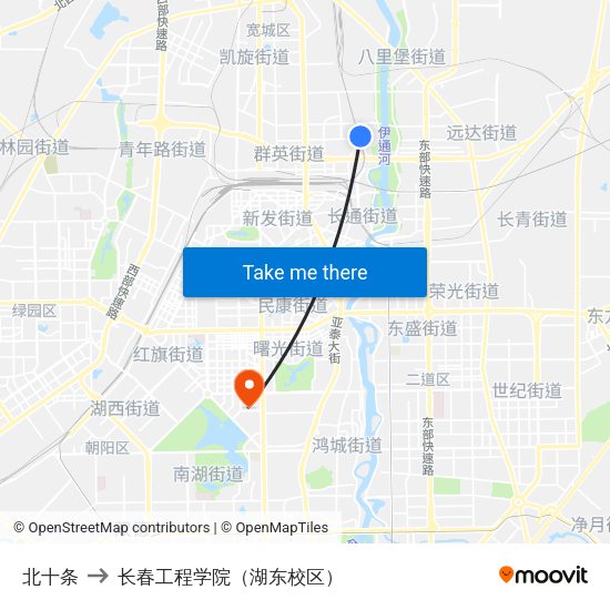 北十条 to 长春工程学院（湖东校区） map