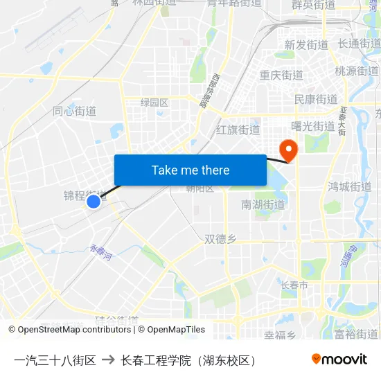 一汽三十八街区 to 长春工程学院（湖东校区） map