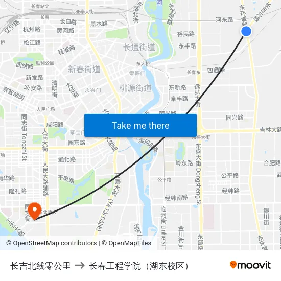 长吉北线零公里 to 长春工程学院（湖东校区） map