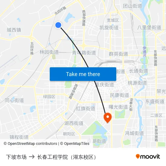 下坡市场 to 长春工程学院（湖东校区） map