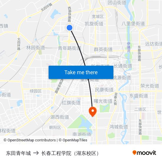 东田青年城 to 长春工程学院（湖东校区） map