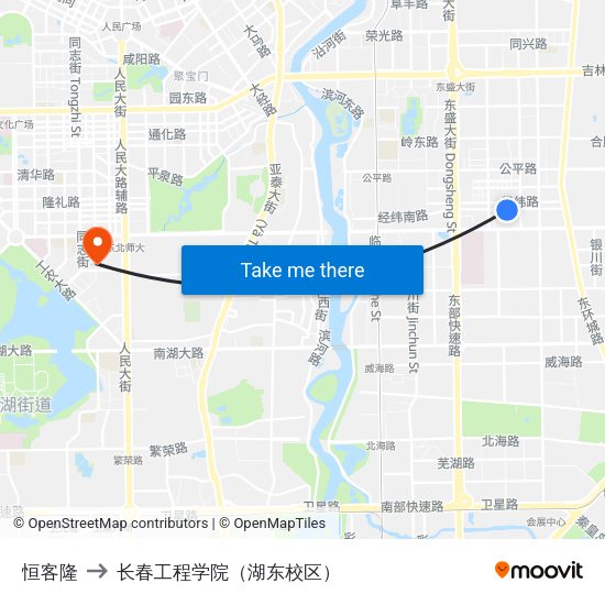 恒客隆 to 长春工程学院（湖东校区） map