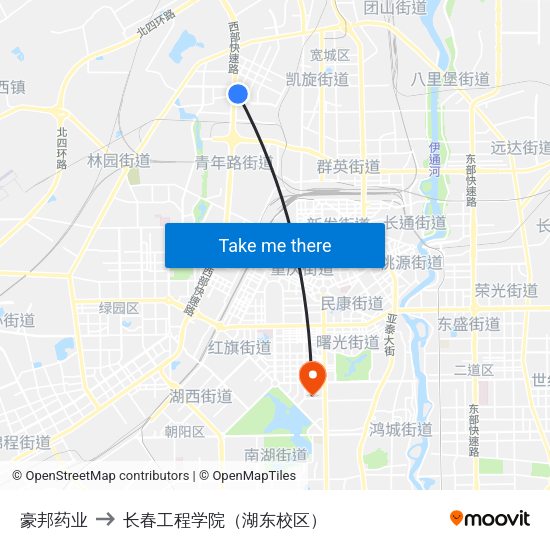 豪邦药业 to 长春工程学院（湖东校区） map