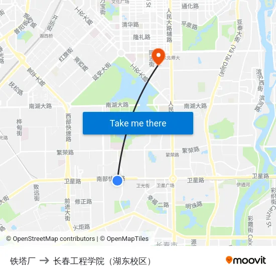 铁塔厂 to 长春工程学院（湖东校区） map