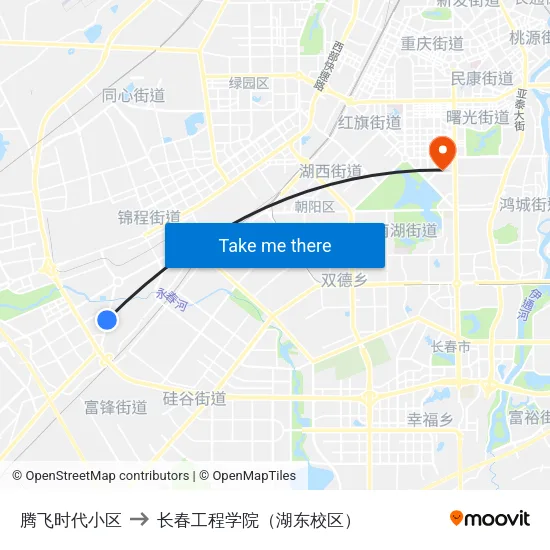 腾飞时代小区 to 长春工程学院（湖东校区） map
