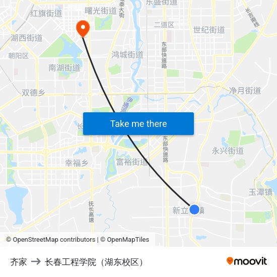 齐家 to 长春工程学院（湖东校区） map