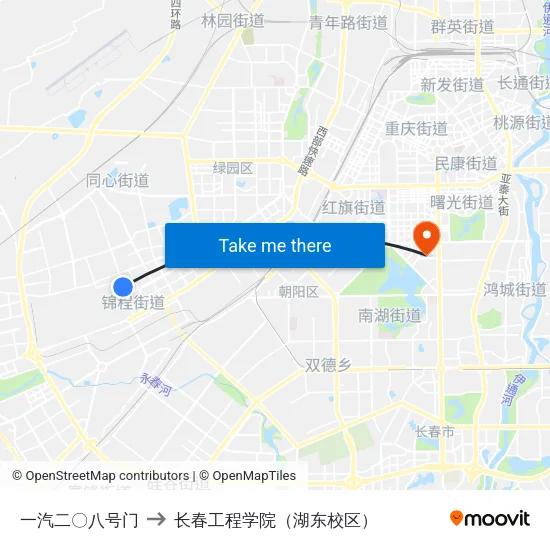 一汽二〇八号门 to 长春工程学院（湖东校区） map
