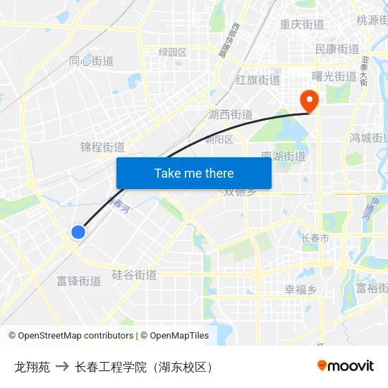 龙翔苑 to 长春工程学院（湖东校区） map