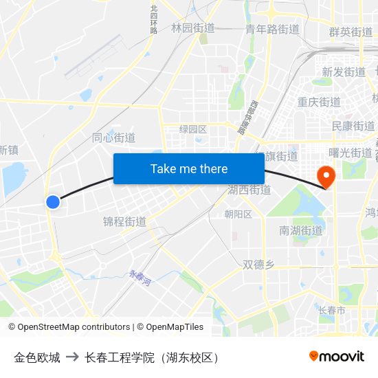 金色欧城 to 长春工程学院（湖东校区） map