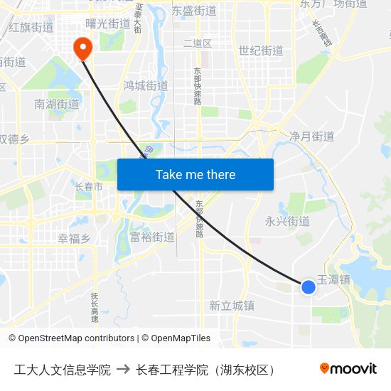 工大人文信息学院 to 长春工程学院（湖东校区） map
