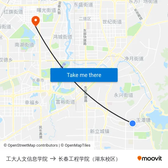 工大人文信息学院 to 长春工程学院（湖东校区） map