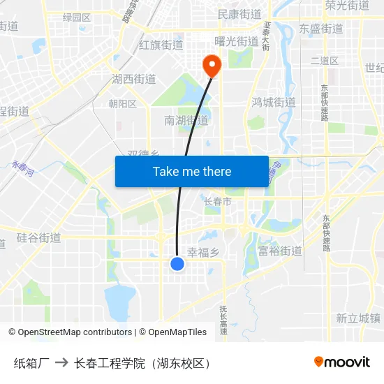 纸箱厂 to 长春工程学院（湖东校区） map