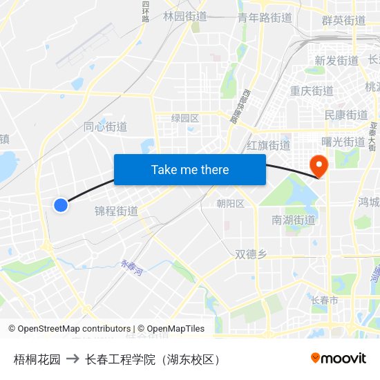 梧桐花园 to 长春工程学院（湖东校区） map