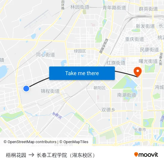 梧桐花园 to 长春工程学院（湖东校区） map
