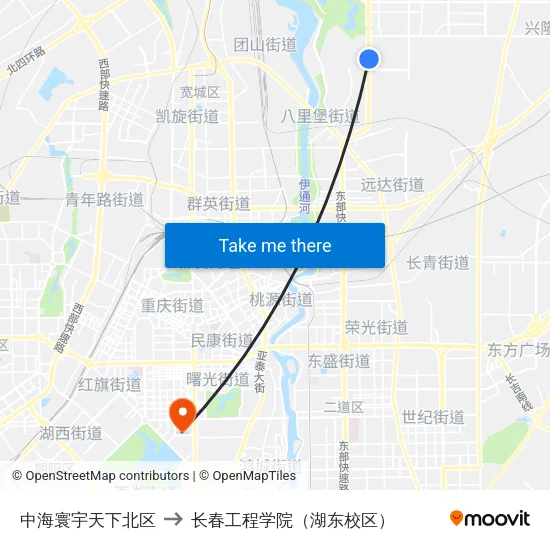 中海寰宇天下北区 to 长春工程学院（湖东校区） map