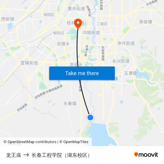 龙王庙 to 长春工程学院（湖东校区） map