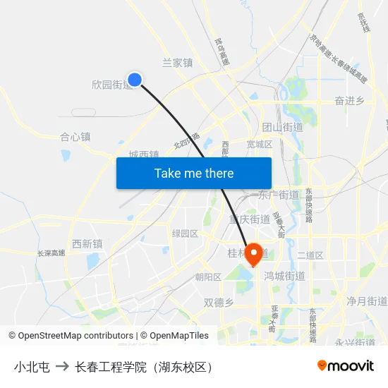 小北屯 to 长春工程学院（湖东校区） map