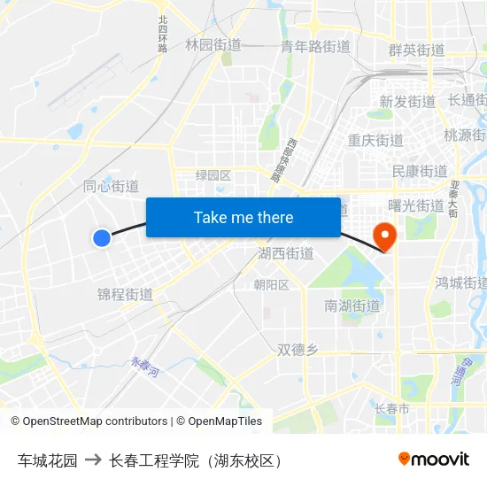车城花园 to 长春工程学院（湖东校区） map