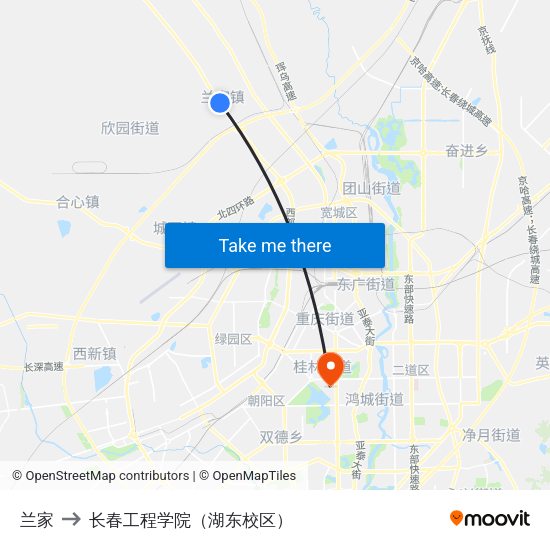 兰家 to 长春工程学院（湖东校区） map