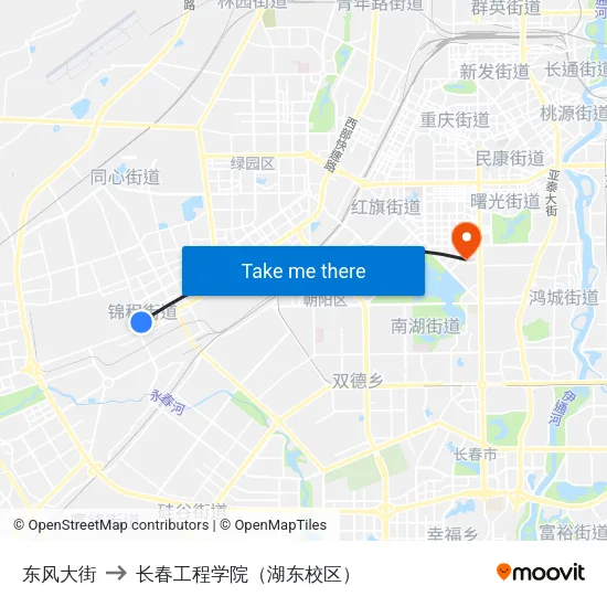 东风大街 to 长春工程学院（湖东校区） map