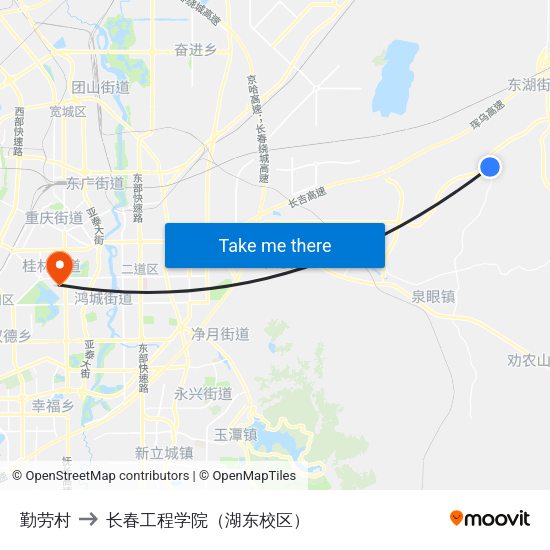 勤劳村 to 长春工程学院（湖东校区） map
