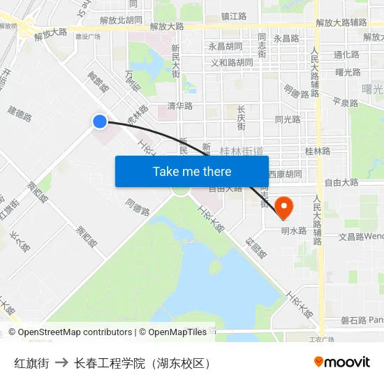 红旗街 to 长春工程学院（湖东校区） map