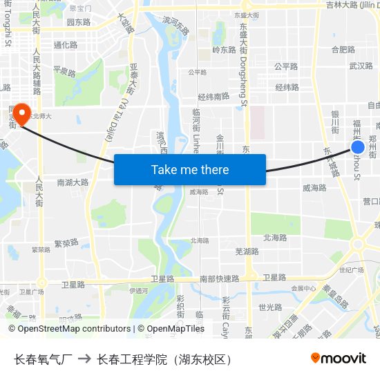 长春氧气厂 to 长春工程学院（湖东校区） map