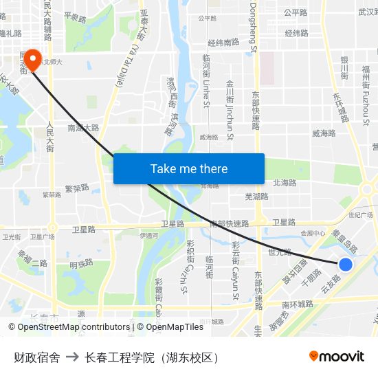 财政宿舍 to 长春工程学院（湖东校区） map